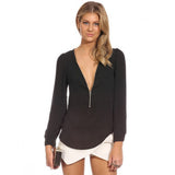 High Quality 2016 New Women Summer Chiffon Ladies Tops Sexy V-Neck Long Sleeve Zipper Ladies Shirt Casual Slim Fit Camisas Mujer