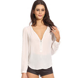 High Quality 2016 New Women Summer Chiffon Ladies Tops Sexy V-Neck Long Sleeve Zipper Ladies Shirt Casual Slim Fit Camisas Mujer
