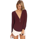 High Quality 2016 New Women Summer Chiffon Ladies Tops Sexy V-Neck Long Sleeve Zipper Ladies Shirt Casual Slim Fit Camisas Mujer